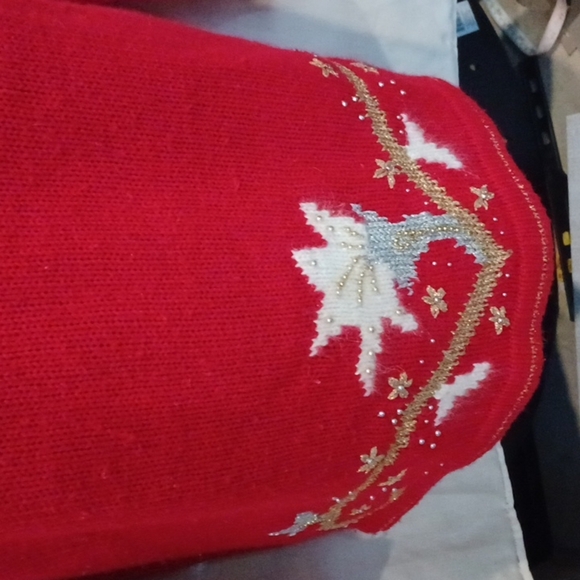 DANA SCOTT Vintage Christmas Sweater, Red, White, Gold, Silver, 30"L, 21" PTP - Picture 3 of 6
